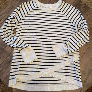 Light grey with black thin stripe sweater. THE coziest ever!